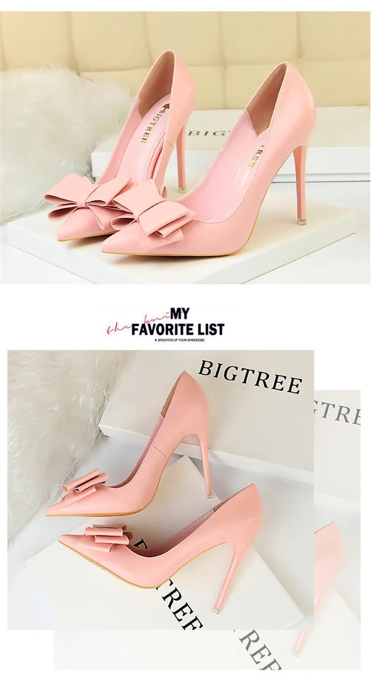 BIGTREE Rosso Blu Nero Scarpe Bowknot Dolce Donna Décolleté in morbida pelle Punta a punta Donna Tacchi alti Abito a spillo Scarpe da donna da ufficio