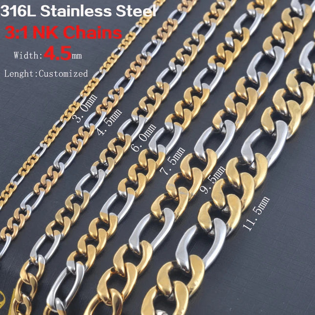 Width 3.0mm-7.5mm Statement Stainless Steel Necklace Vintage Figaro Chains Women Silver and Gold Color Tone Wholesale PlatiNum