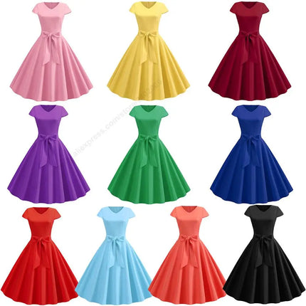 Robe d'été vintage pour femme avec ceinture, manches courtes, col en V, élégante robe de soirée rétro évasée
