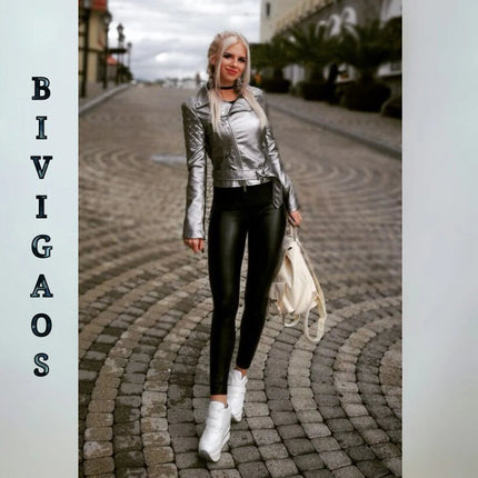 BIVIGAOS Fashion Women PU Leather Pants Elastic High Waist Winter Leggings Slim Velvet Leather Leggings Skinny Fleece Trousers PlatiNum