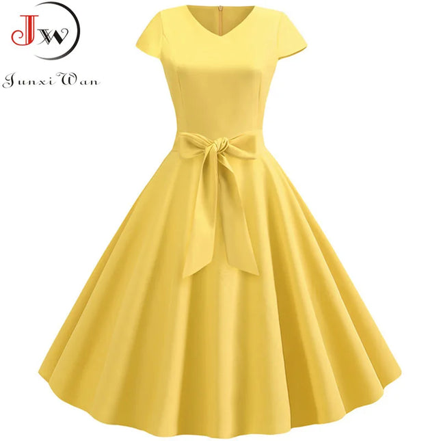 Women's Vintage Summer Dress with Belt Short Sleeve V-Neck Elegant Retro Party Swing Dresses