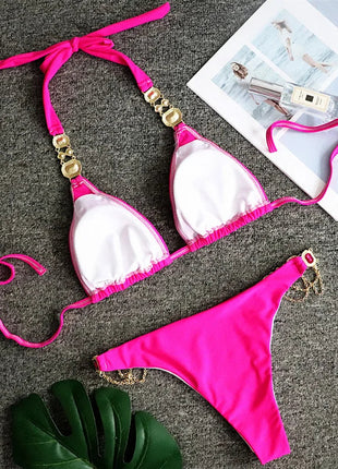Catene di metallo con scollo all'americana Strass Diamante Bikini Costume da bagno donna Costumi da bagno femminili Due pezzi Bikini set Costume da bagno brasiliano Swim platinumshop