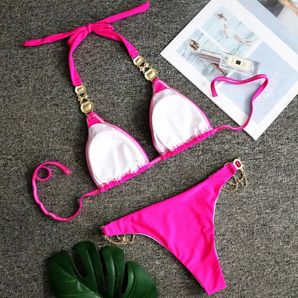 Catene di metallo con scollo all'americana Strass Diamante Bikini Costume da bagno donna Costumi da bagno femminili Due pezzi Bikini set Costume da bagno brasiliano Swim platinumshop