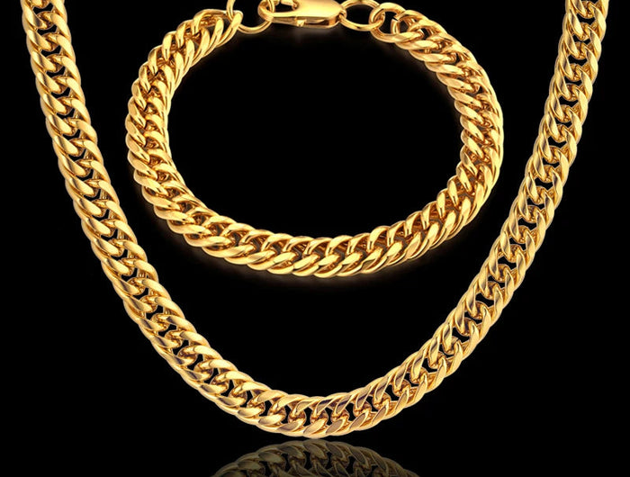 Set di gioielli da uomo Color oro acciaio inossidabile Miami Curb Cuban Link Chain bracciale collana Set Punk Hip Hop gioielli regalo maschile platinumshop