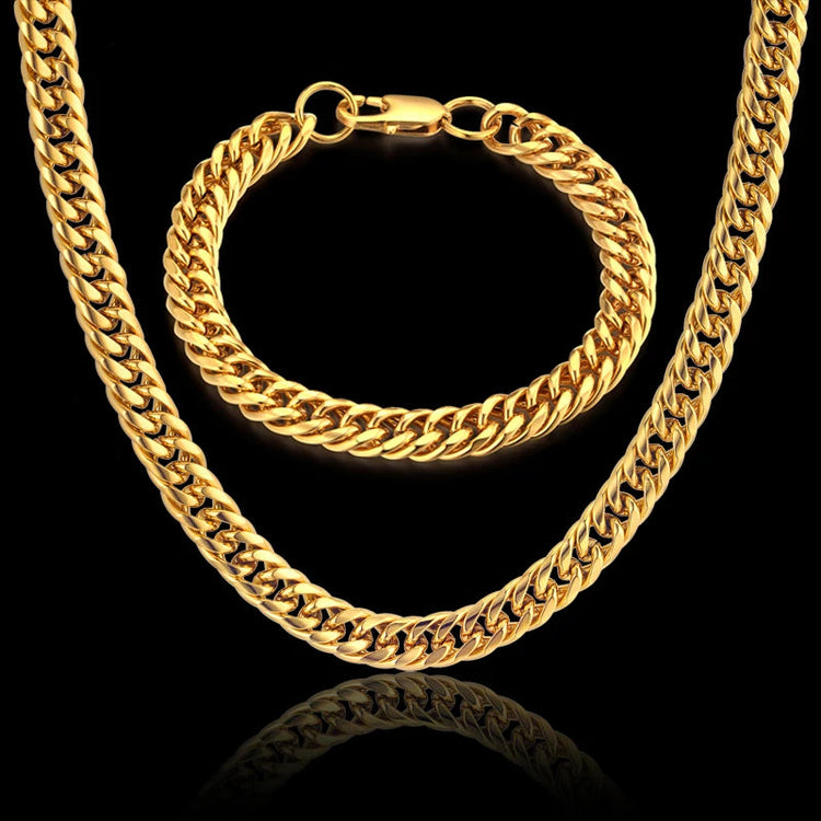Set di gioielli da uomo Color oro acciaio inossidabile Miami Curb Cuban Link Chain bracciale collana Set Punk Hip Hop gioielli regalo maschile platinumshop