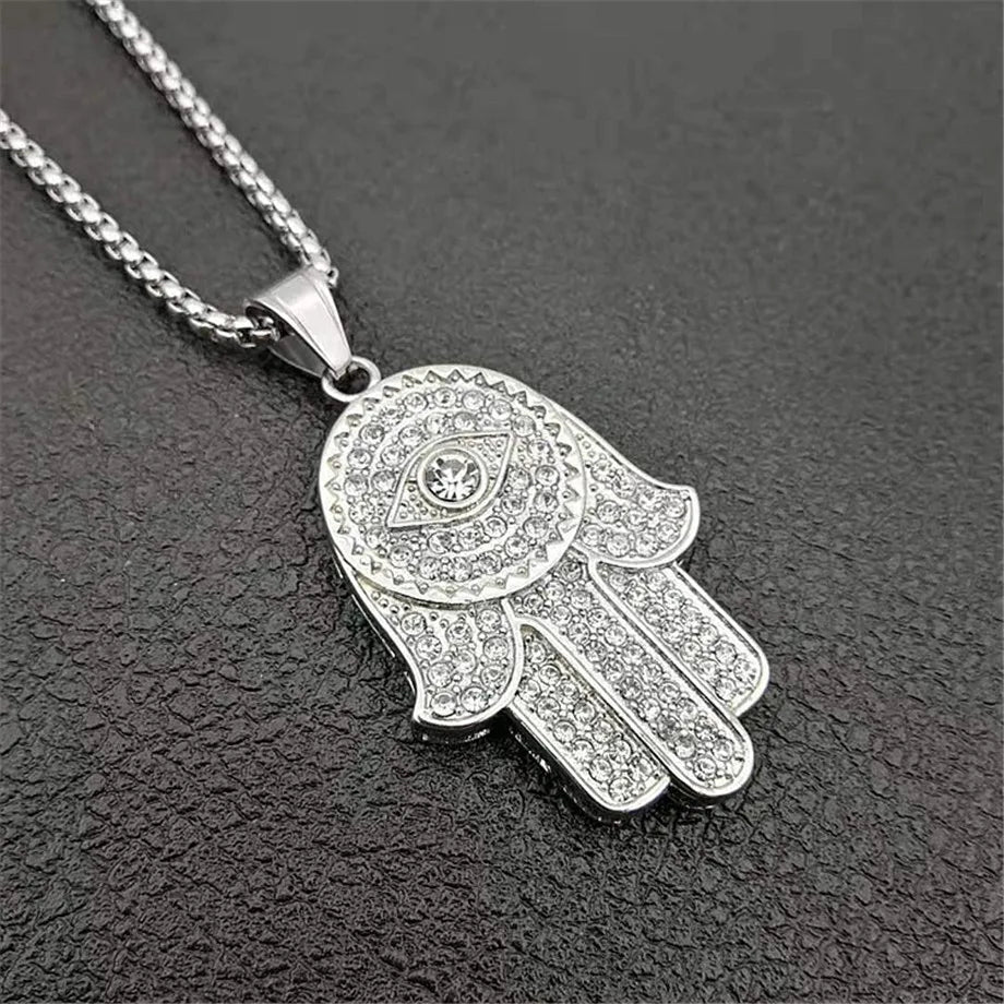 Collana con ciondolo mano di Fatima turca malocchio Hamsa Catene ghiacciate in acciaio inossidabile color oro per gioielli Hip Hop da donna
