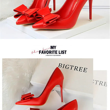 BIGTREE Rosso Blu Nero Scarpe Bowknot Dolce Donna Décolleté in morbida pelle Punta a punta Donna Tacchi alti Abito a spillo Scarpe da donna da ufficio