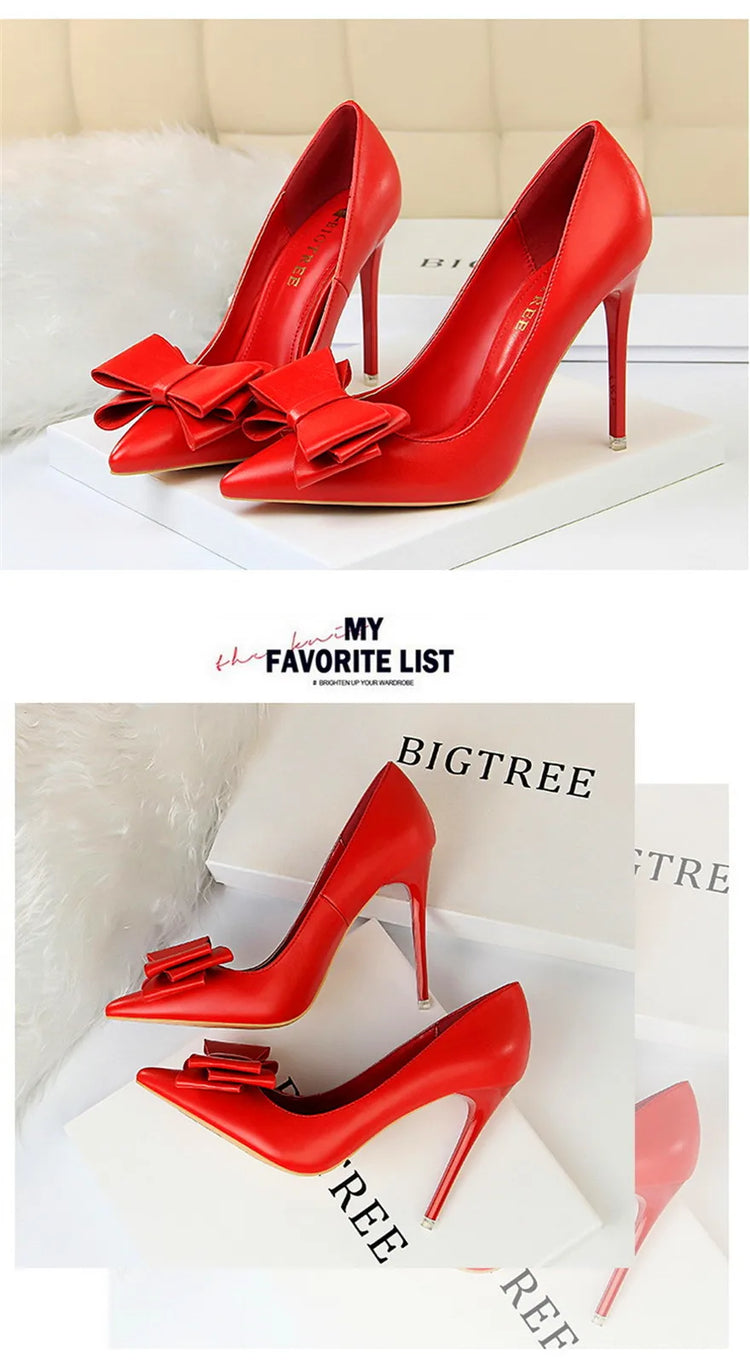 BIGTREE Rosso Blu Nero Scarpe Bowknot Dolce Donna Décolleté in morbida pelle Punta a punta Donna Tacchi alti Abito a spillo Scarpe da donna da ufficio
