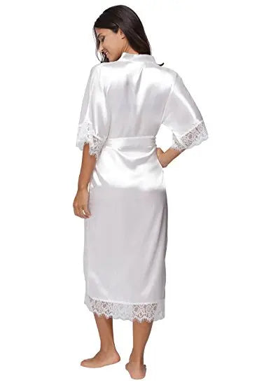 Estate Patchwork di pizzo Raso Kimono Robe Indumenti da notte sexy Lingerie Camicie Donna Camicia da notte lunga in seta Abiti da damigella d'onore da sposa