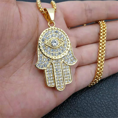 Collana con ciondolo mano di Fatima turca malocchio Hamsa Catene ghiacciate in acciaio inossidabile color oro per gioielli Hip Hop da donna