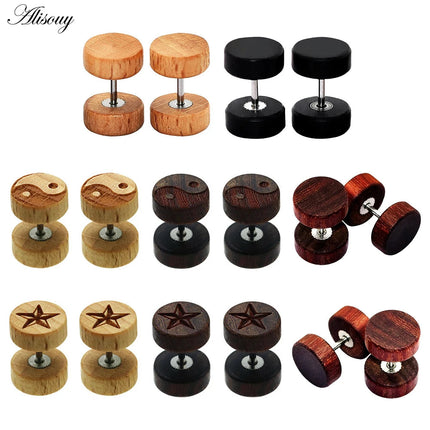 Alisouy 2PC Moda Orecchini a bottone in legno Orecchini Marrone naturale Nero 8 10 12mm Punk Bilanciere Tappi per le orecchie finti Brincos per le donne degli uomini platinumshop