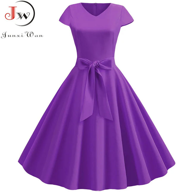 Women's Vintage Summer Dress with Belt Short Sleeve V-Neck Elegant Retro Party Swing Dresses