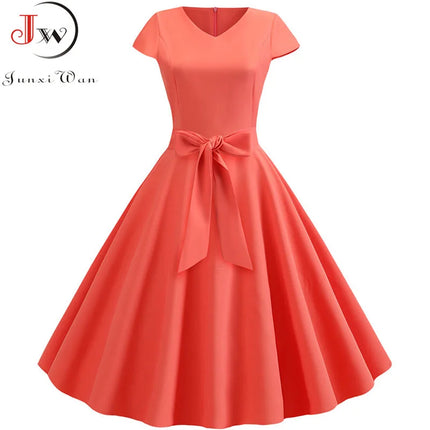 Robe d'été vintage pour femme avec ceinture, manches courtes, col en V, élégante robe de soirée rétro évasée
