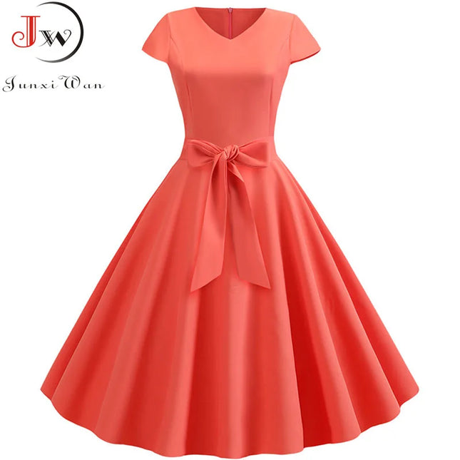 Women's Vintage Summer Dress with Belt Short Sleeve V-Neck Elegant Retro Party Swing Dresses