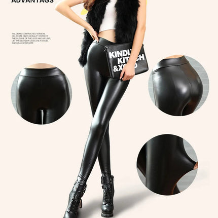 BIVIGAOS Fashion Women PU Leather Pants Elastic High Waist Winter Leggings Slim Velvet Leather Leggings Skinny Fleece Trousers PlatiNum