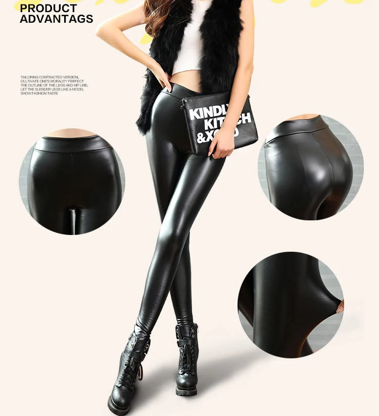 BIVIGAOS Fashion Women PU Leather Pants Elastic High Waist Winter Leggings Slim Velvet Leather Leggings Skinny Fleece Trousers PlatiNum