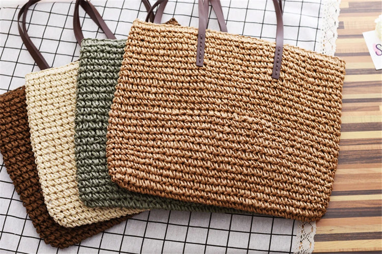 Borsa da donna Borsa da spiaggia estiva Borsa da spiaggia in rattan intrecciata a mano in paglia lavorata a maglia di grande capacità Borsa a tracolla da donna in pelle Bohemia Nuovo