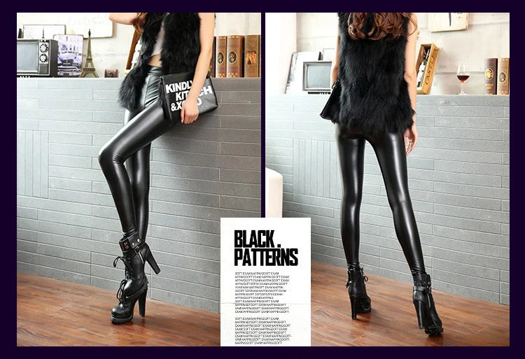BIVIGAOS Fashion Women PU Leather Pants Elastic High Waist Winter Leggings Slim Velvet Leather Leggings Skinny Fleece Trousers PlatiNum
