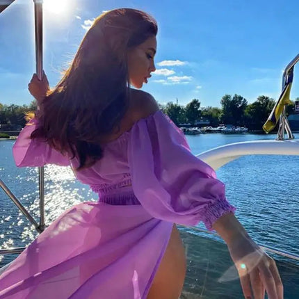 Set di abbigliamento moda estiva da donna, top a maniche lunghe con spalle scoperte e gonna copricostume in due pezzi per viaggi in vacanza al mare platinumshop