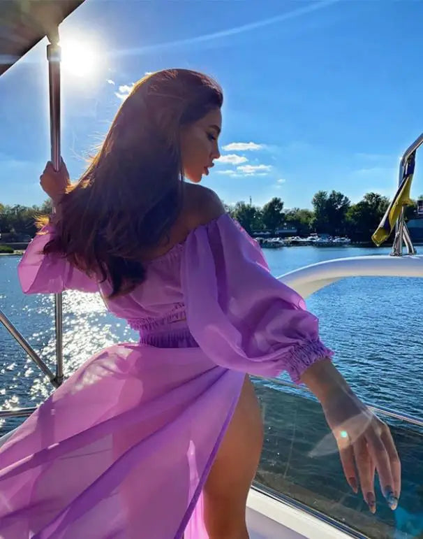 Set di abbigliamento moda estiva da donna, top a maniche lunghe con spalle scoperte e gonna copricostume in due pezzi per viaggi in vacanza al mare platinumshop