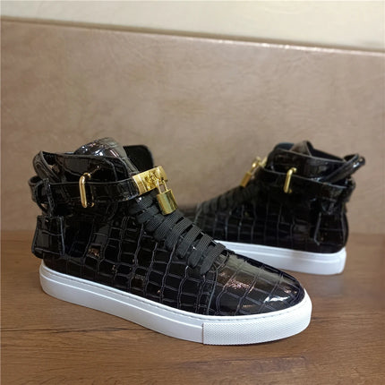 Luxury Designer Men Crocodile Pattern High Top Sneakers Glossy Patent Leather Gold Buckle Lace-up Casual Street Shoes Footwear