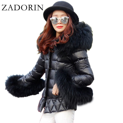 ZADORIN 2025 Trend White Duck Down Patchwork Faux Fur Jacket Women Winter Warm Big FAUX Raccoon Fur Hood Women Faux Fur Coat