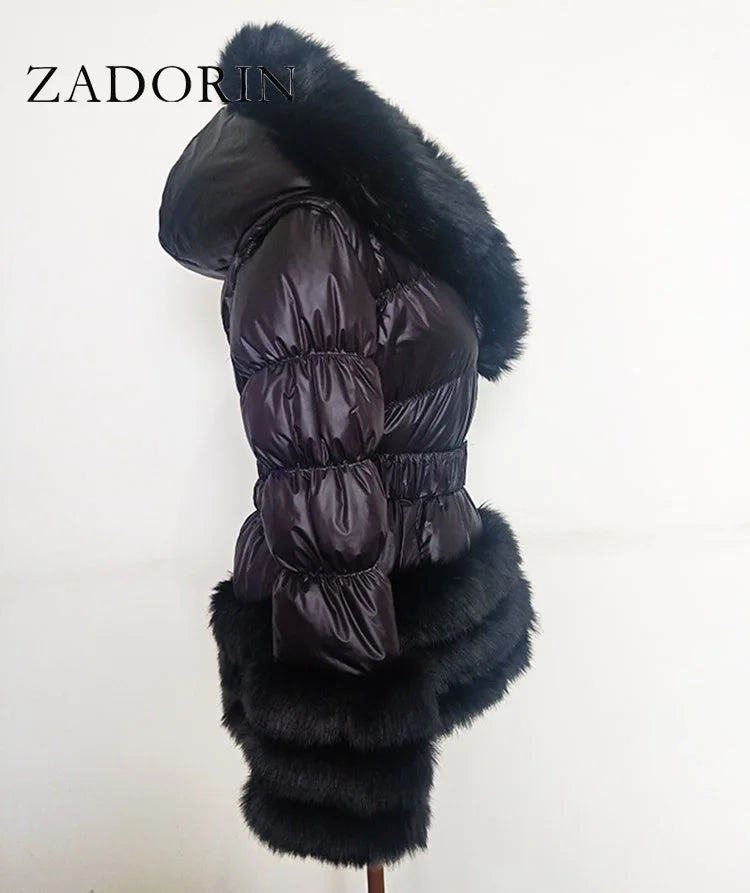 ZADORIN Winter Coat Women New Fashion Faux Fur Coat Detachable Sleeves Hood Duck Down Coats Hooded Black Puffer Jacket Outwear