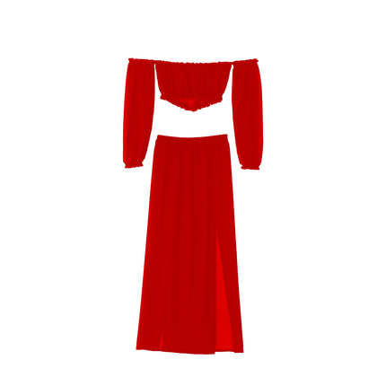 Copricostume Bikini da donna estivo tinta unita manica lunga con spalle scoperte gonne a vita alta con spacco 2 pezzi costume da bagno costume da bagno platinumshop