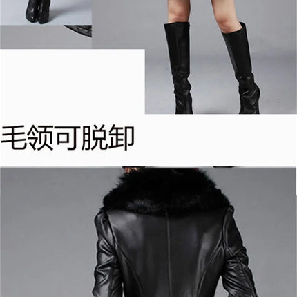 PU Leather Long Leather Jacket Women's Fur Collar Removable Coat Faux Leather Slim Female Temperament Leather Windbreaker Black