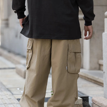 Multi-Pocket Cargo Pants Mens Safari Style Solid Color Pleated Loose Straight-leg Pants Elastic Waist Casual Trousers Men