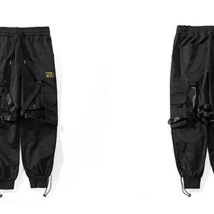 Tactical Cargo Pants Men Joggers Streetwear Ankle-length Pants Ribbons Elastic Waist Black Pant Hip Hop Male
