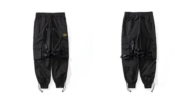 Tactical Cargo Pants Men Joggers Streetwear Ankle-length Pants Ribbons Elastic Waist Black Pant Hip Hop Male