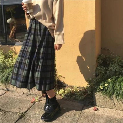 Vintage Wool Pleated Plaid Skirt Women High Waist Plus Size Long Skirt 2022 Autumn Winter Harajuku Female Party Skirt Streetwear PlatiNum