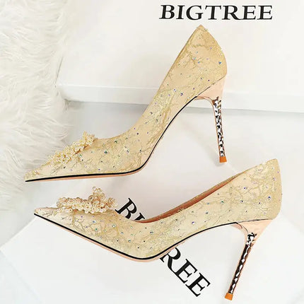 BIGTREE Scarpe Fiori di perle Décolleté da donna Tacchi alti con strass 2026 Nuove donne di lusso Tacchi a spillo Décolleté da donna di grandi dimensioni platinumshop