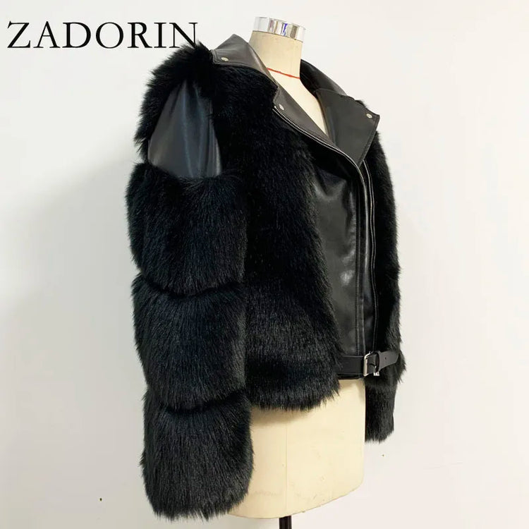 ZADORIN Top Fashion Luxury FAUX Fox Fur Coat Motorcycle PU Leather Turn Down Collar Warm Faux Fur Jacket Women Autumn Winter New