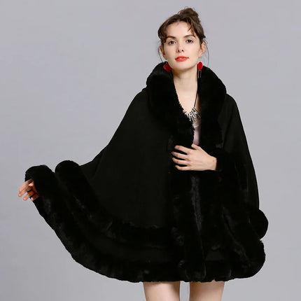 7 Colors Winter Shawl Warm Thick Cappa Coat Two Circle Faux Fox Fur Loose Poncho Cloak With Hat Women Big Pendulum Cardigan Cape