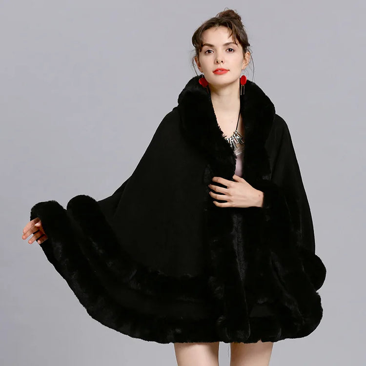 7 Colors Winter Shawl Warm Thick Cappa Coat Two Circle Faux Fox Fur Loose Poncho Cloak With Hat Women Big Pendulum Cardigan Cape