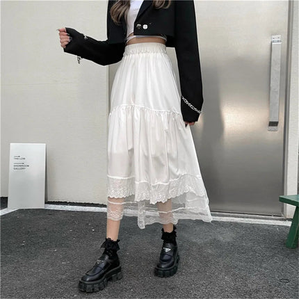Y2k Gothic Tulle Pleated Skirt Black Lace Stitching Irregular Midi Skirt Women Vintage High Waist Long Skirt Korea Solid Hip Hop PlatiNum