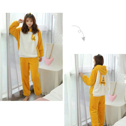Jielur Warm Women Pajama Sets Winter Lady Long Sleeve Shirt+Pants Home suit Hooded Cartoon Print Thick Pijama Feminino