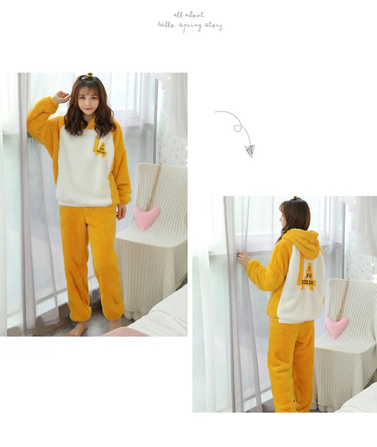 Jielur Warm Women Pajama Sets Winter Lady Long Sleeve Shirt+Pants Home suit Hooded Cartoon Print Thick Pijama Feminino