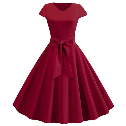 Robe d'été vintage pour femme avec ceinture, manches courtes, col en V, élégante robe de soirée rétro évasée
