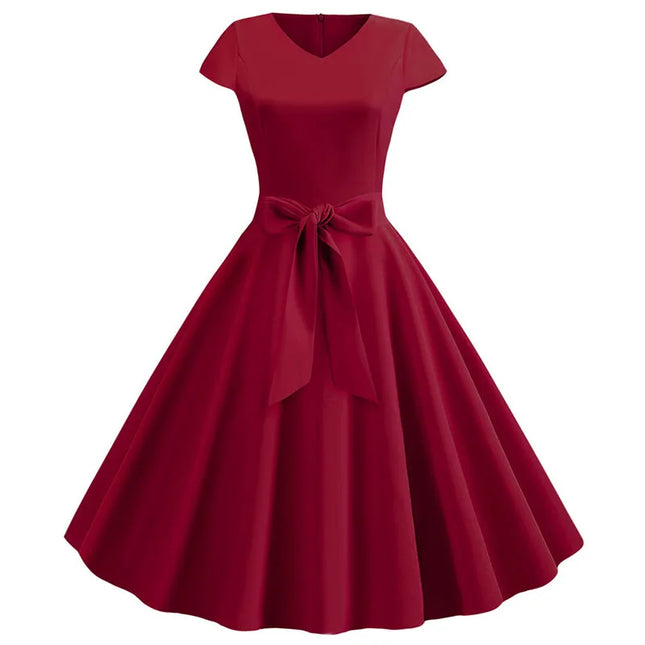 Women's Vintage Summer Dress with Belt Short Sleeve V-Neck Elegant Retro Party High