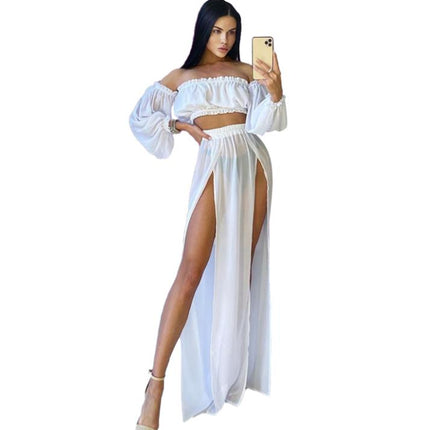 Set di abbigliamento moda estiva da donna, top a maniche lunghe con spalle scoperte e gonna copricostume in due pezzi per viaggi in vacanza al mare platinumshop