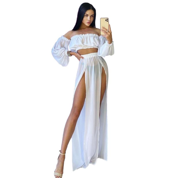 Set di abbigliamento moda estiva da donna, top a maniche lunghe con spalle scoperte e gonna copricostume in due pezzi per viaggi in vacanza al mare platinumshop