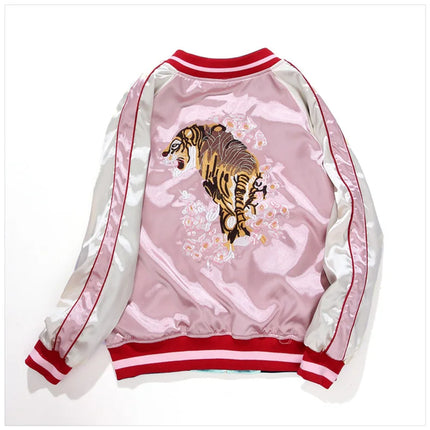 Double Sided Satin Baseball Jacket Women Sukajan Jacket Female Girls Embroidery Coat 2026 Spring Autumn Pink Z1A1
