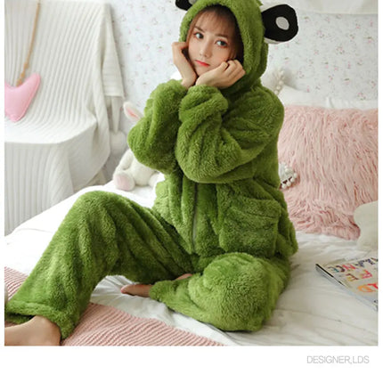 Jielur Warm Women Pajama Sets Winter Lady Long Sleeve Shirt+Pants Home suit Hooded Cartoon Print Thick Pijama Feminino