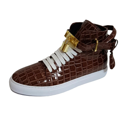 Luxury Designer Men Crocodile Pattern High Top Sneakers Glossy Patent Leather Gold Buckle Lace-up Casual Street Shoes Footwear
