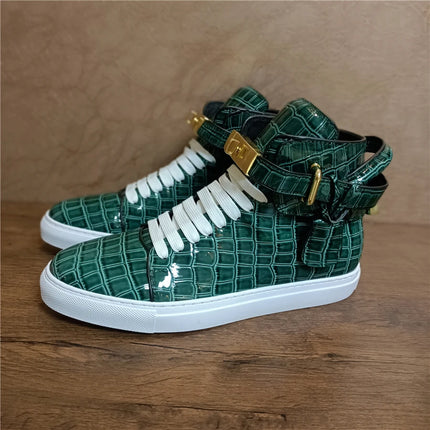 Luxury Designer Men Crocodile Pattern High Top Sneakers Glossy Patent Leather Gold Buckle Lace-up Casual Street Shoes Footwear