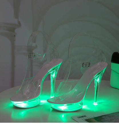 Light Up Glowing Shoes Woman Luminous Clear Sandals Women Platform Shoes LED 13cm High Heel Transparent Stripper Heels Shoes