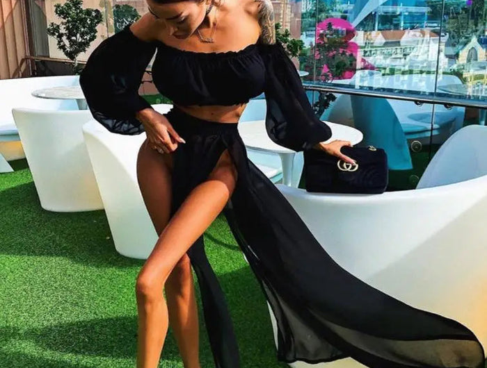 Set di abbigliamento moda estiva da donna, top a maniche lunghe con spalle scoperte e gonna copricostume in due pezzi per viaggi in vacanza al mare platinumshop